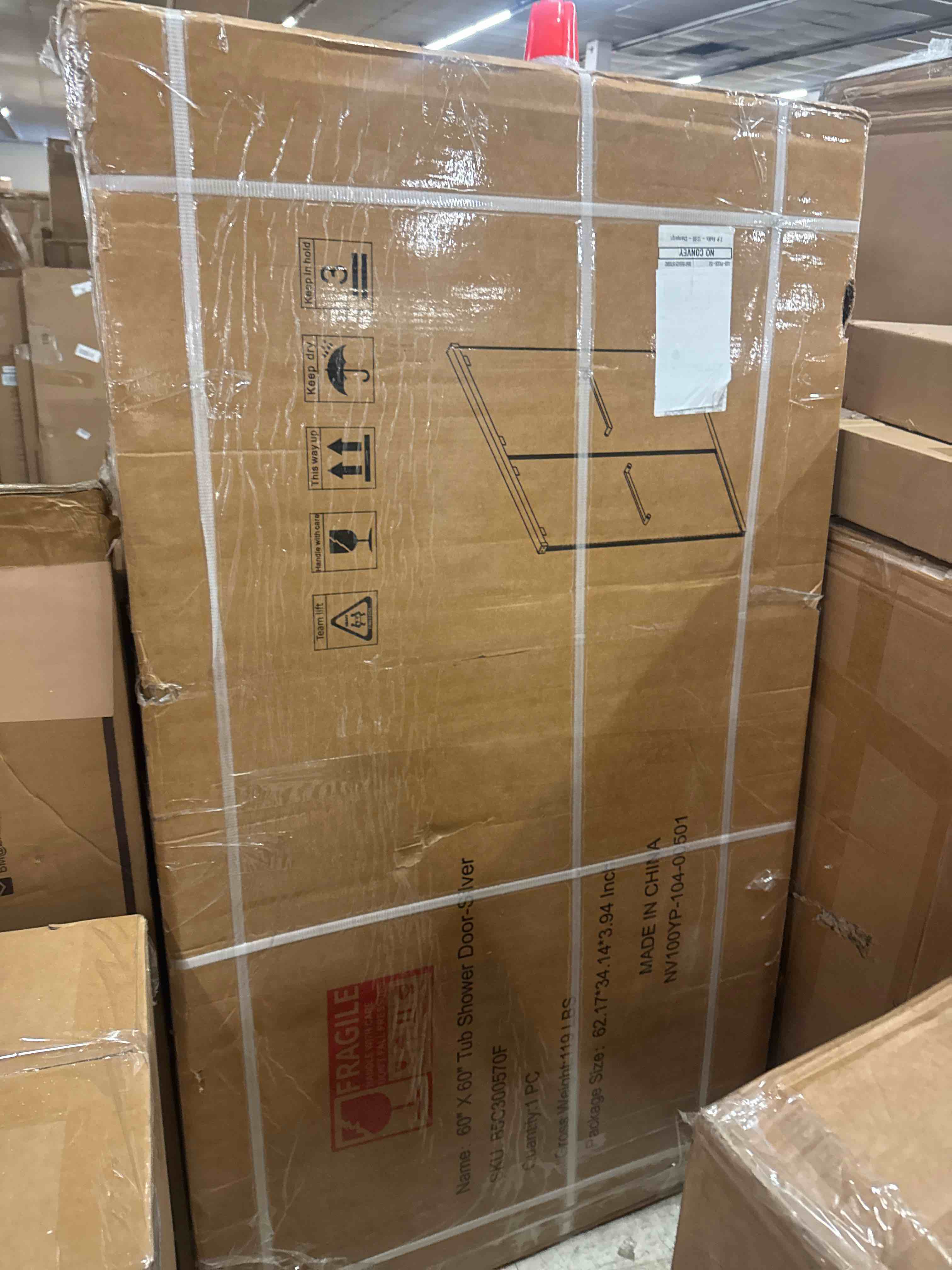 Condition photo showing New/Like New for double sliding bathtub door 55"-60" w x 60" h with nano anti-explosion safety film, 1/4" (6mm) frosted ultra-clear tempered glass semi-frameless bypass tub glass doors,brushed nickel