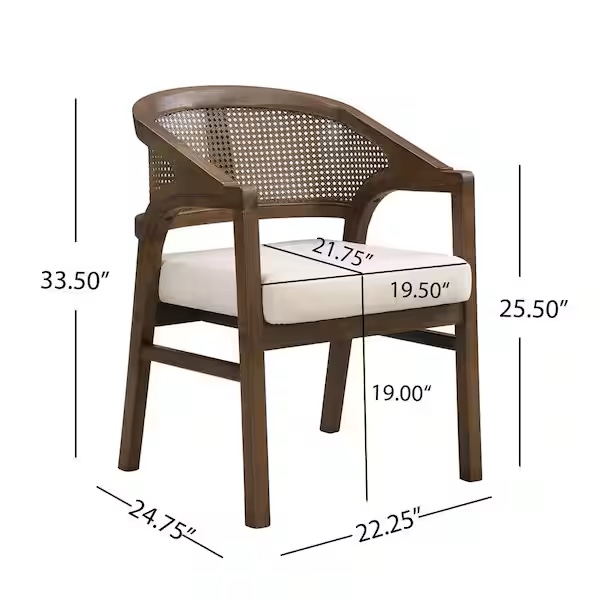 Condition photo showing New/Like New for lucas walnut and beige polyester upholstered dining chair with cane back, solid wood frame, (set of 2) christopher knight home