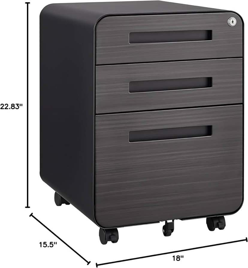 Condition photo showing Good Condition for 3 drawer mobile file cabinet under desk office,simple style versatile storage cabinet for legal,letter,a4 files, 5 wheel design anti tilting cold rolled steel waterproof moisture proof black en390