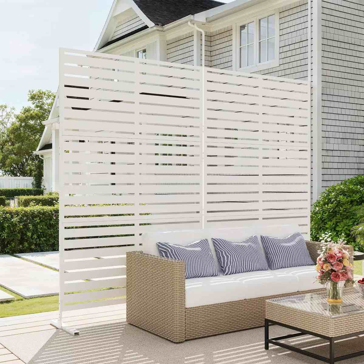 6ft outdoor metal privacy screen panel with stand, freestanding decorative fence for patio, garden, balcony, white syj – hw920318