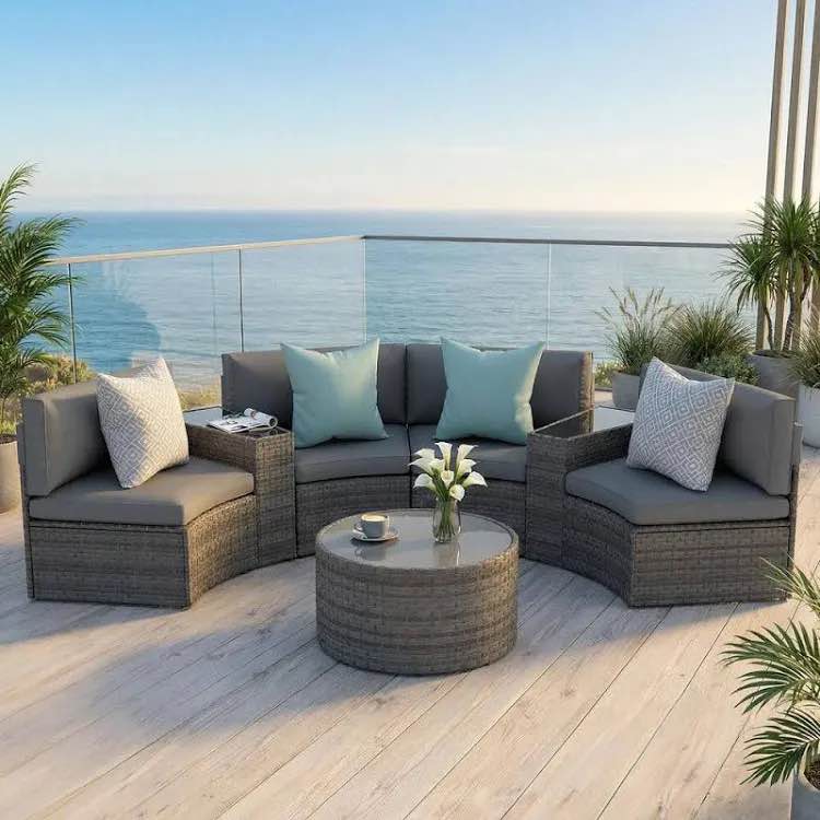Condition photo showing Good Condition for  sunsitt brown 4 seater wicker outdoor half moon sectional with beige cushions pto pf0414gdb 