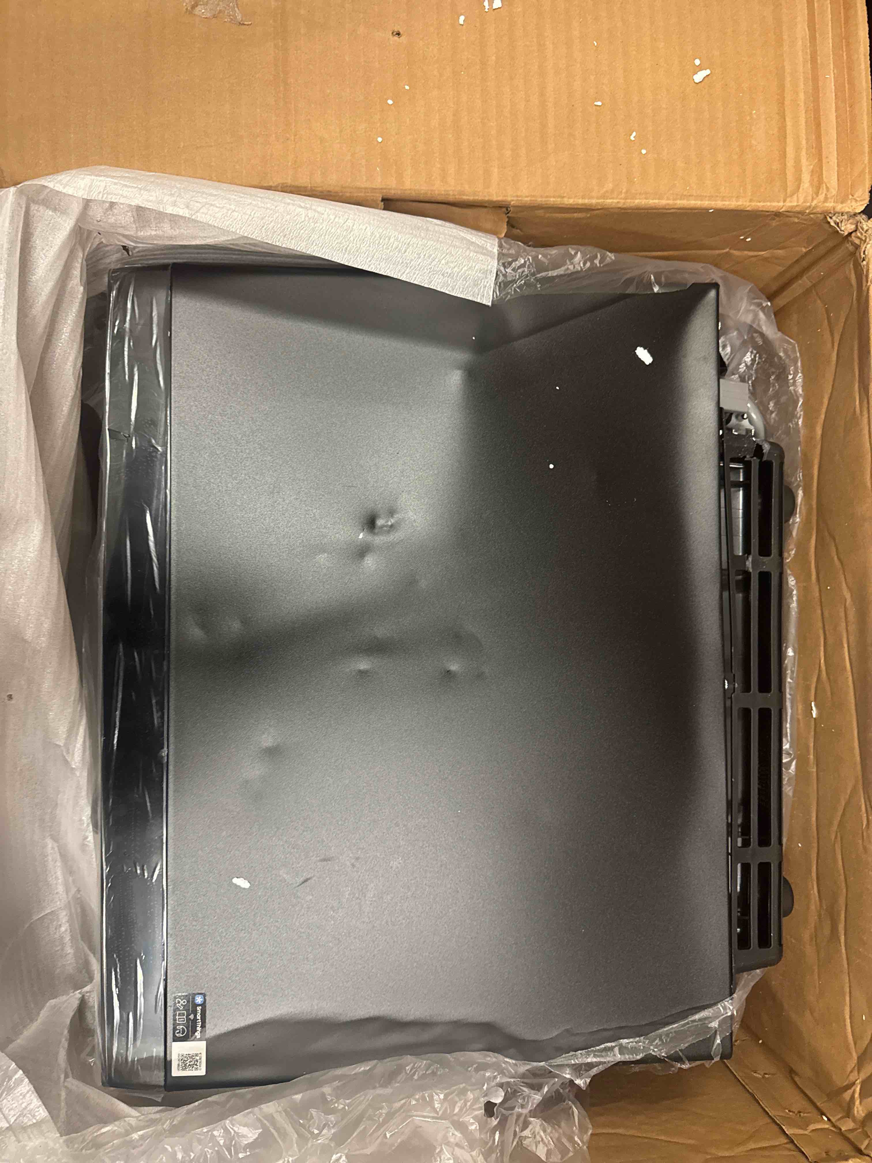 Condition photo showing New/Like New for samsung 1.2 cu. ft. countertop convection microwave with air fry, black glass, mc12db8700ckaa (see description for more info, theres very minor not visible once installed cosmetic tiny divots, see photos.)