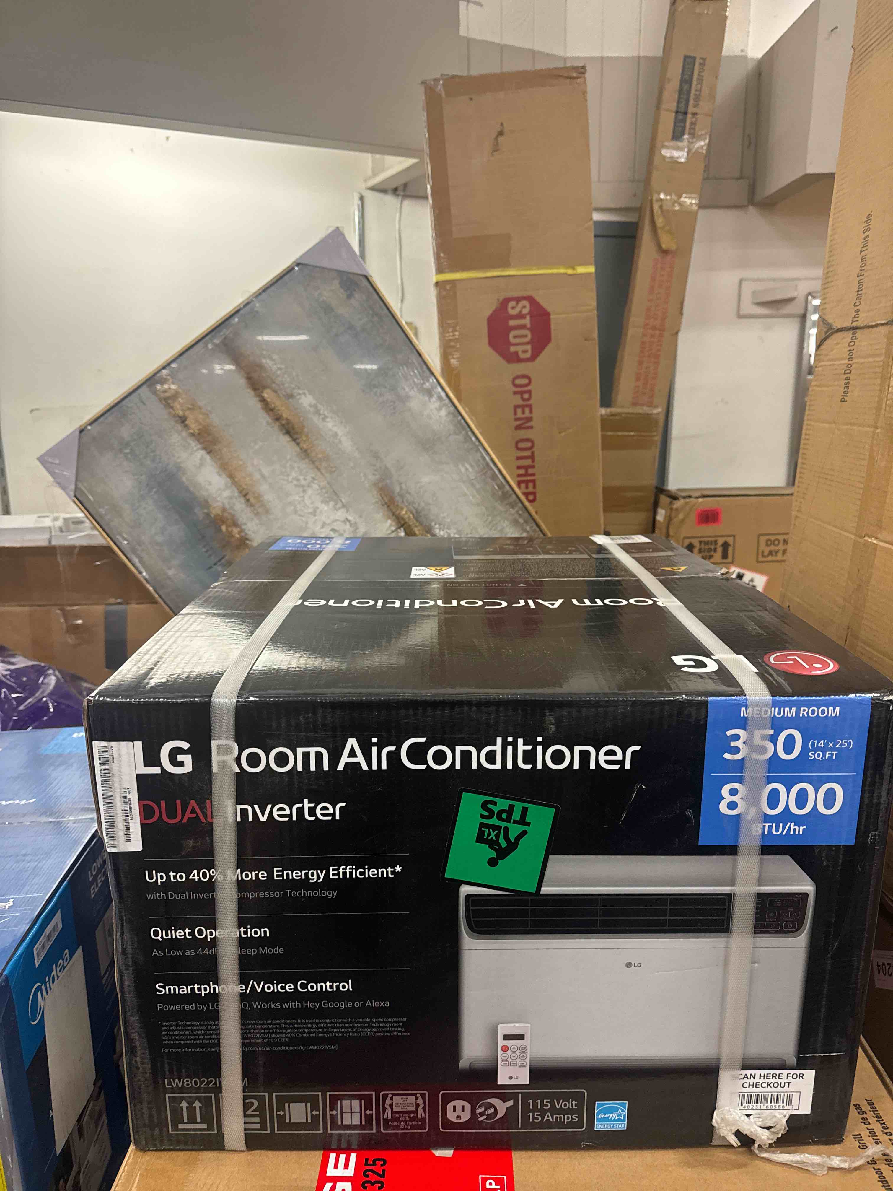 Condition photo showing New/Like New for lg 8,000 btu dual inverter smart window air conditioner, 115v, cools 340 sq. ft. for bedroom, living room, apartment, quiet, energy star, works with lg thinq, amazon alexa and hey google, white