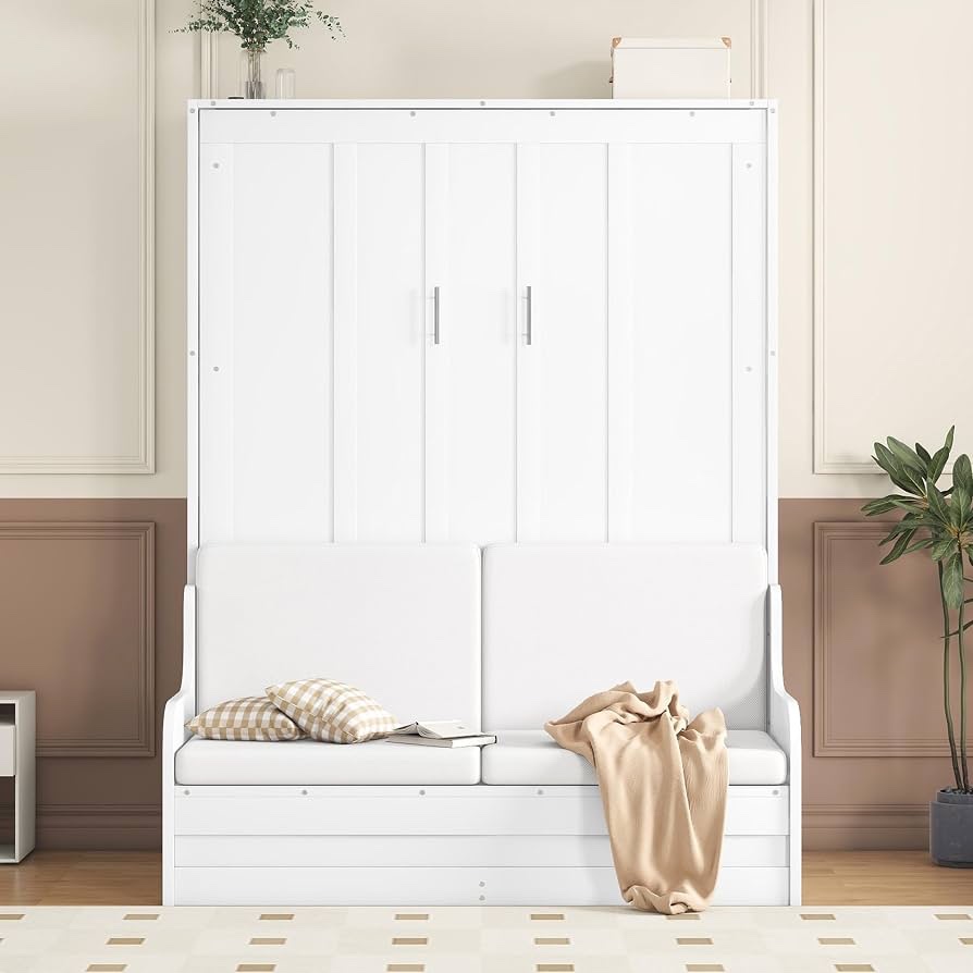 Condition photo showing New/Like New for murphy bed queen hidden bed with futon, folding wall bed cabinet bed with seat and cushion, suitable for living room office study, white
