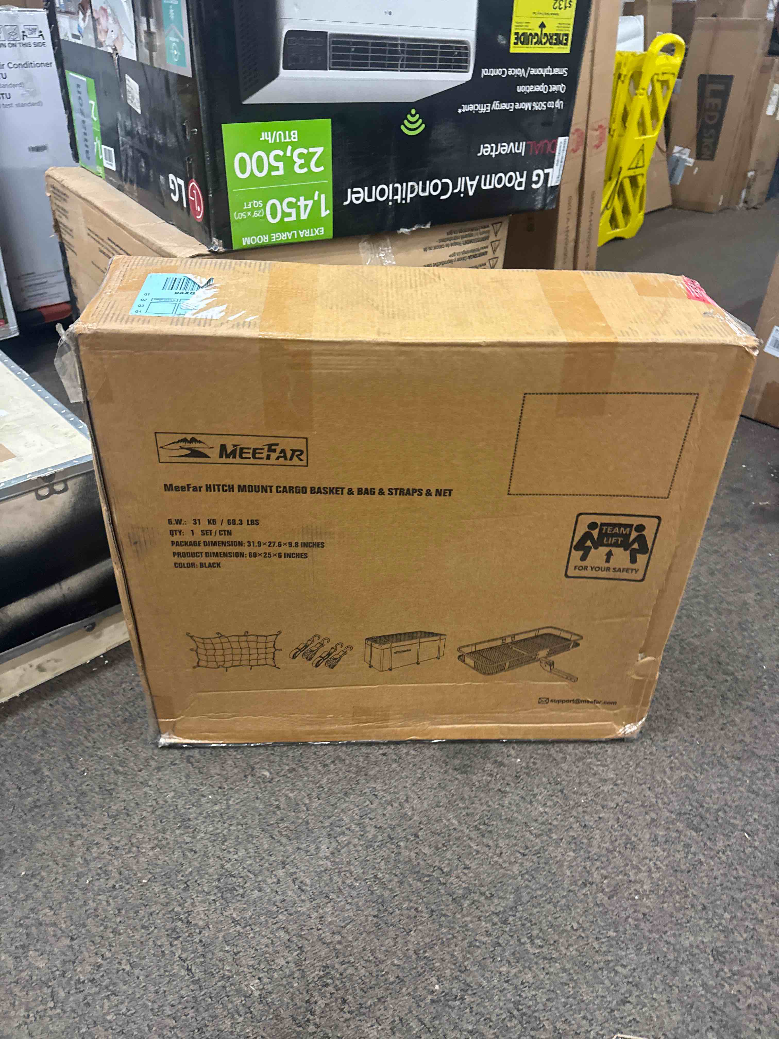 Condition photo showing New/Like New for hitch mount cargo carrier basket 60"*25"*6"+waterproof bag 25 cubic feet(60"*24"*31"),and cargo net with attachment hooks,ratchet straps,hitch stabilizer.500 lbs capacity,foldable,fit 2" receiver