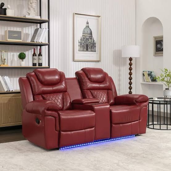 Condition photo showing New/Like New for airadlis home theater seating seats, theater recliner chair sofa game movie theater chairs with 7 colors ambient lighting, lumbar pillow, side pocket, tray table, power recline, red