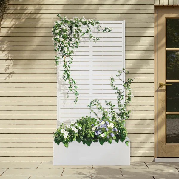 Condition photo showing New/Like New for (2) metal planter box with trellis, outdoor raised garden bed with privacy screen for climbing plants, metal garden bed with drainage holes, metal planter box for patio or balcony by latitude run (bid is per item, lot is for 2 planter boxes total.)