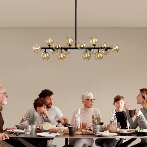 Condition photo showing New/Like New for 16-light amber globe sputnik chandelier black finished