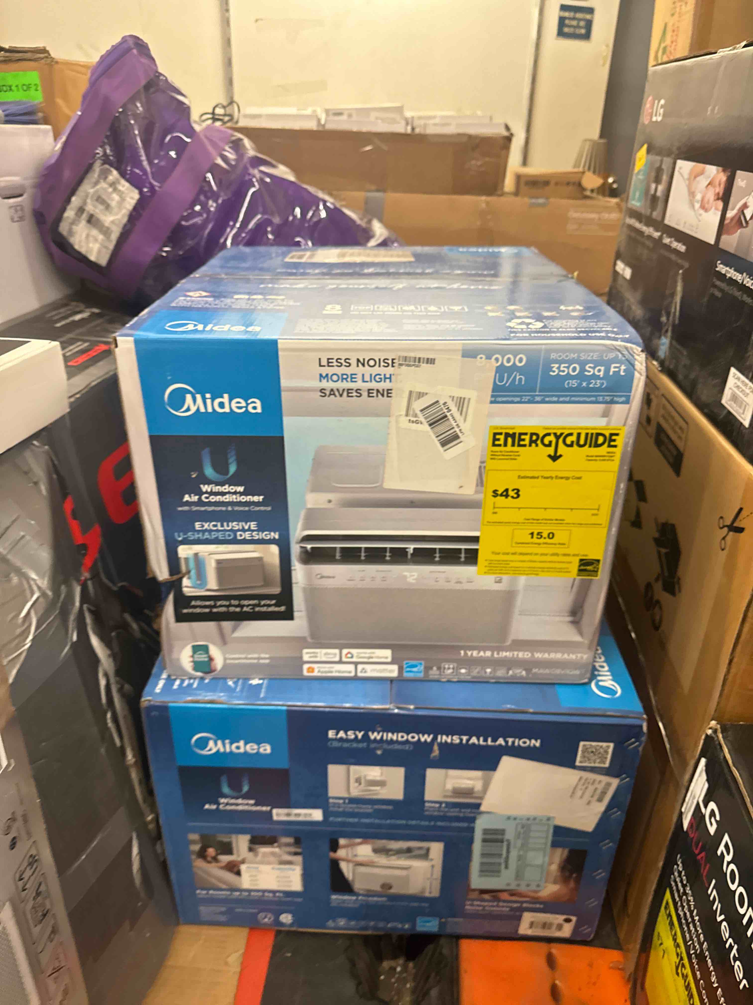 Condition photo showing New/Like New for (2) midea 8,000 btu smart inverter air conditioner window unit with heat and dehumidifier – cools up to 350 sq. ft., energy star rated, quiet operation, electronic controls, remote control, white (bid is per item, lot is for 2 items total.)