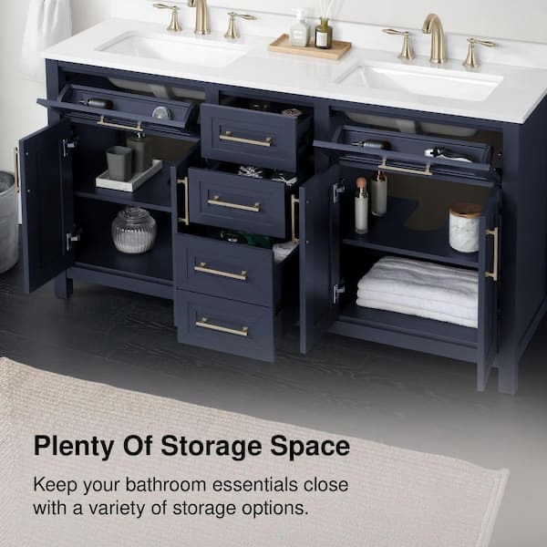 Condition photo showing New/Like New for home decorators collection beaufort 60 in. double sink freestanding midnight blue bath vanity with white engineered stone top (assembled) item id ec2260p2v065 midnight blue double vanity 860y10330 60 inch