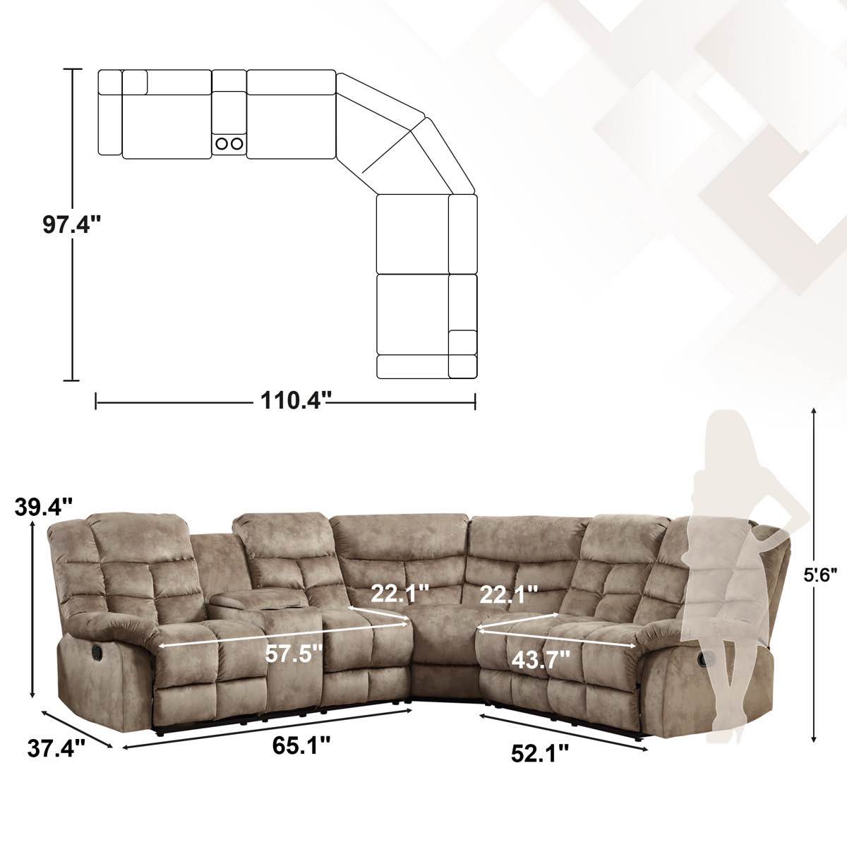 Condition photo showing Good Condition for karish 3-piece upholstered manual reclining sectional with cupholders and storage, brown (see photos.)