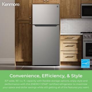 Condition photo showing Good Condition for 30 in. 18.1 cu. ft. top freezer refrigerator in stainless look w/ e-star, adjustable glass shelves, garage-ready design (working condition , tested, see photos. no damage observed.)