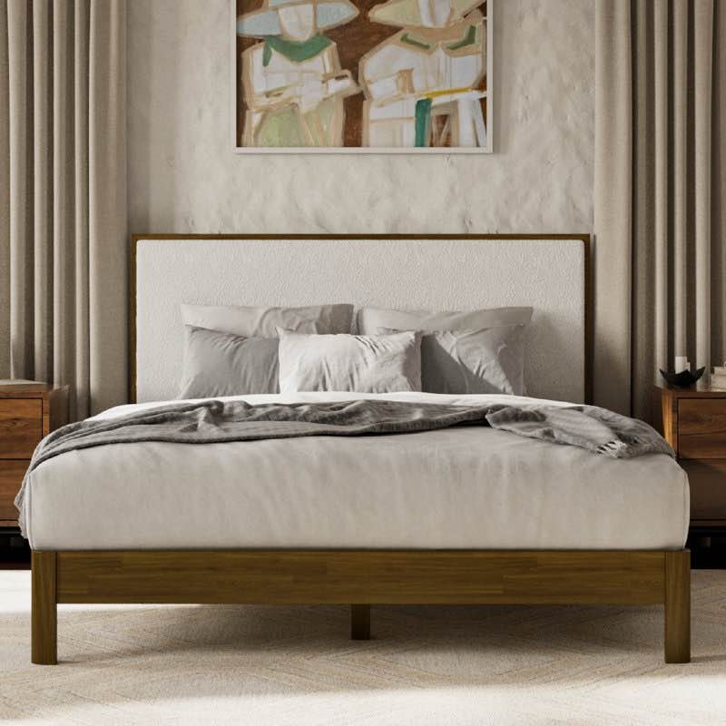 Condition photo showing New/Like New for luca queen solid wood upholstered boucle bed frame by latitude run z-luca-q-ntl-crm