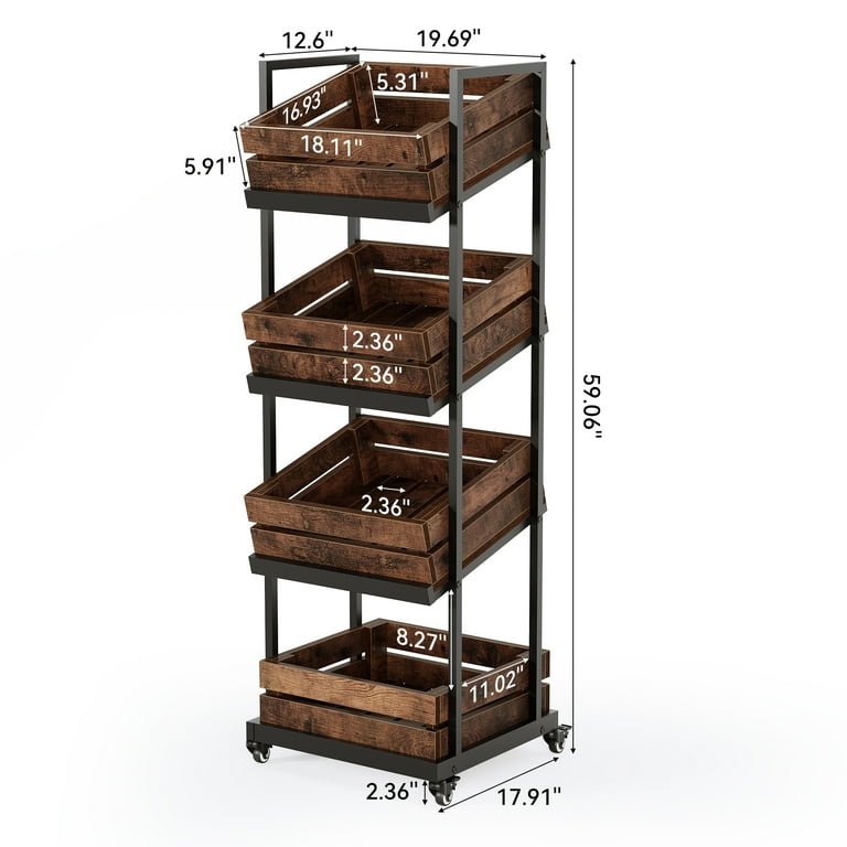 Condition photo showing New/Like New for (3) tribesigns 4-tier wooden kitchen cart with wheels, mobile fruit and vegetable storage, utility shelf, organizer rack for pantry, bedroom, living room (brown) hoga-jw0765 (bid is per cart, lot is for 3 total.)