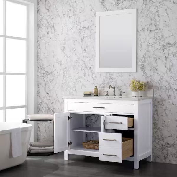 Condition photo showing New/Like New for jasper 42 in. single sink freestanding bathroom vanity in white with carrara white engineered stone top