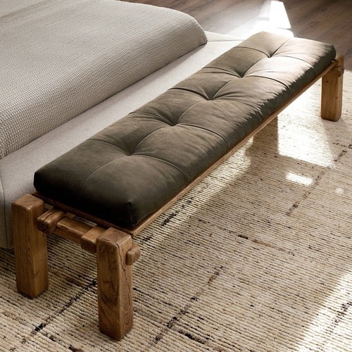 Condition photo showing New/Like New for marcia accent bench, color (nubuck cigar, grey reclaimed french oak) by four hands. (overall dimensions 94.00"w x 19.75"d x 18.50"h.)