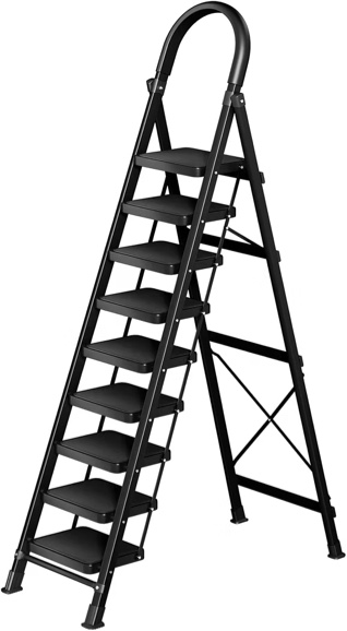 9 step ladder with handrailsfor 12 feet high ceiling, folding step stool with anti-slip wide pedal for home kitchen pantry office, black