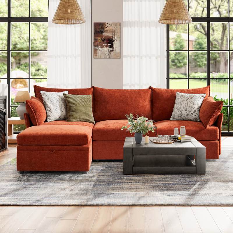 merchelle 103' wide reversible modern modular sectional sofa with storage ottoman -premium chenille fabric by latitude run fabric: orange chenille size: 37" h x 102.6" w x 68.5”l