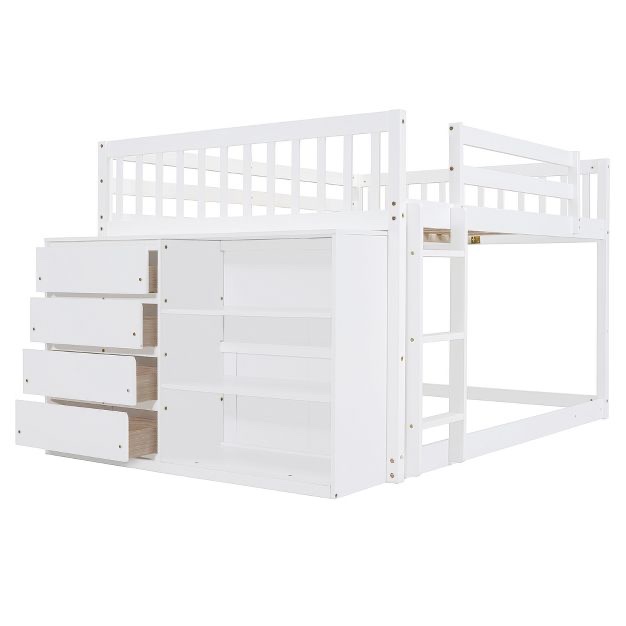 Condition photo showing New/Like New for Home Decorators Full Over Full Bunk Bed with 4 Drawers and 3 Storage Shelves, Wooden Bunk Bed Frame with Ladder and Guardrails, Space Saving Full Size Bunk Bed for Kids Teens Bedroom (White-Full-3 Storage Shelves)