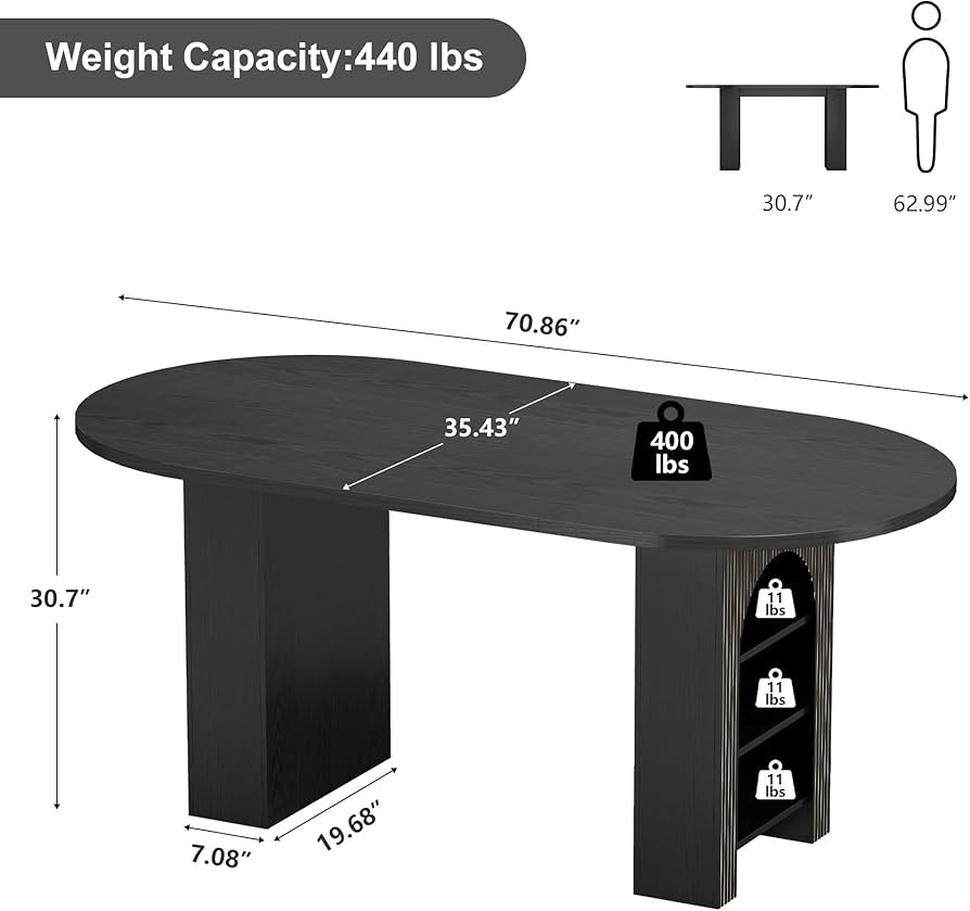 Condition photo showing New/Like New for 70.8" Oval Dining Table with Dual Side Storage Shelves, Wooden Table for 4–6 People, Modern Farmhouse Round Dinner Table for Kitchen, Reception, or Living Room By George Oliver (Black, Table Only)