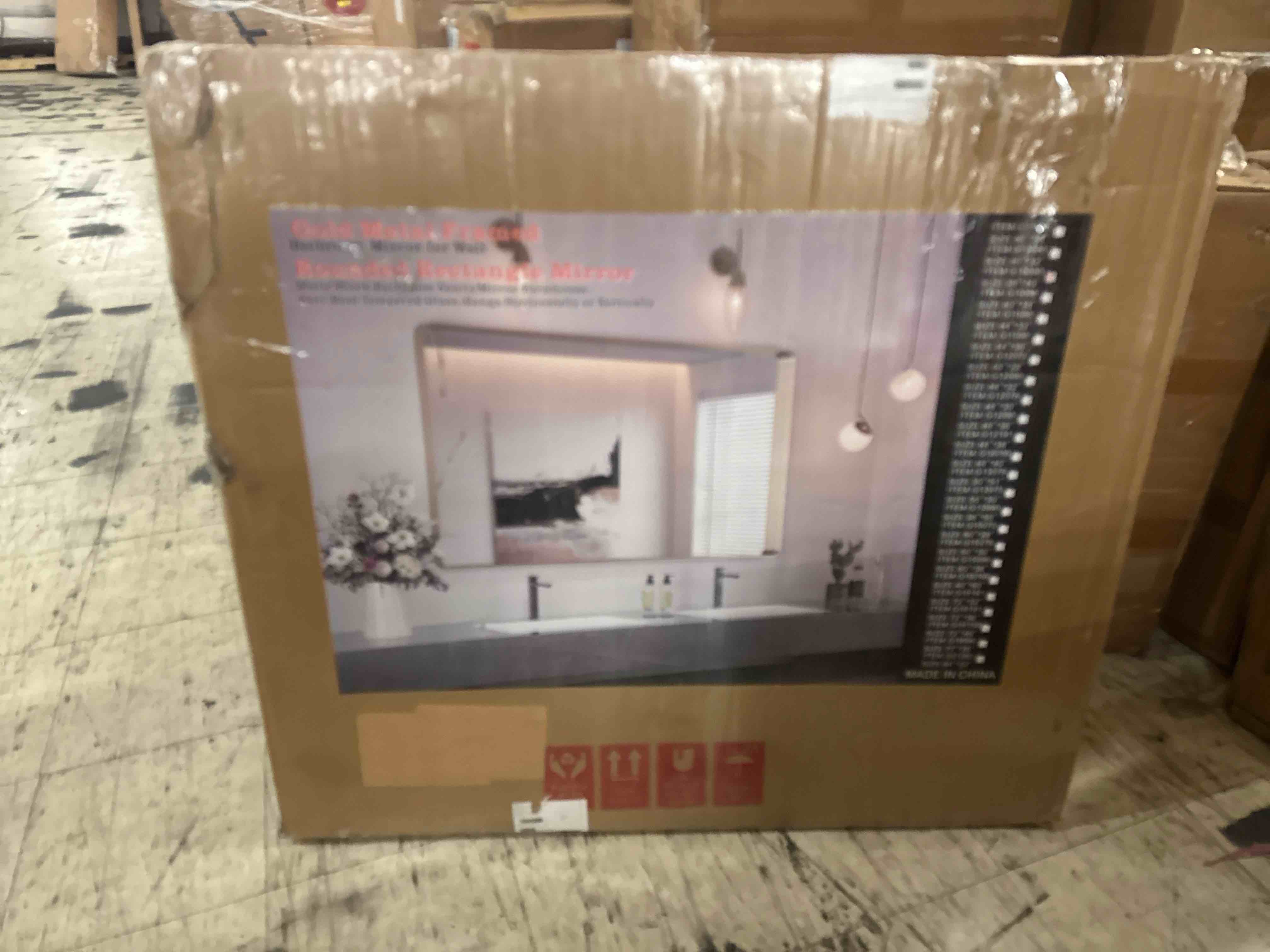 Condition photo showing New/Like New for Gold Bathroom Mirror for Wall 40 x 30 Inch Rounded Corner Rectangle in Aluminum Alloy Metal Frame Deep Set Design Hangs Horizontal Or Vertical Farmhouse