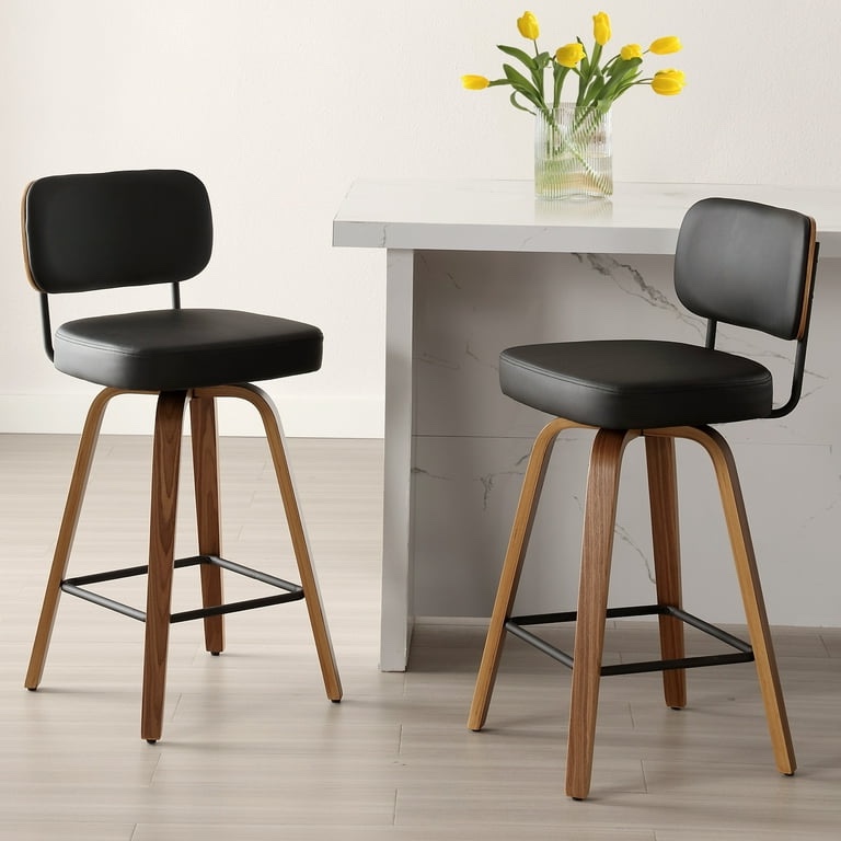 Condition photo showing New/Like New for Swivel Counter Height Bar Stools, Set of 4, 26" Upholstered PU Leather Barstools with Back Wood Legs, Mid Century Modern Bar Chair Island Stool for Kitchen Counter, Black