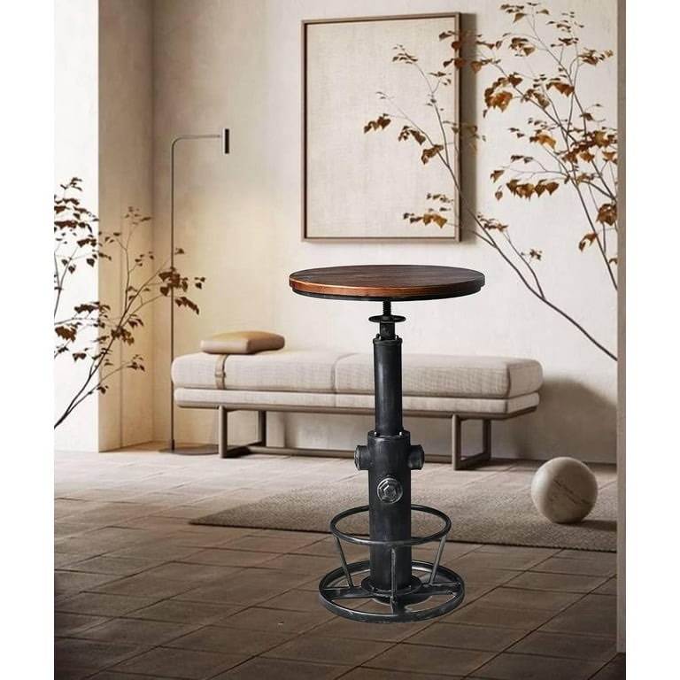 LOKKHAN Industrial Bar Table 38.6"-48.4" Height Adjustable Swivel Round Wood Tabletop 23.7" Dia, Kitchen Dining Office Coffee Bistro Pub Table
