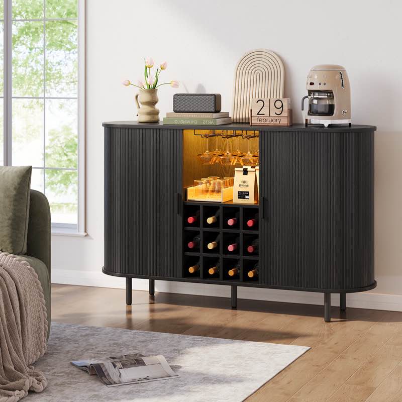Condition photo showing New/Like New for 54.6'' Modern Bar Cabinet With Adjustable Shelves & RGB Lights, Wine Cabinet With Wine Glass Holder & Wine Rack By Wrought Studio