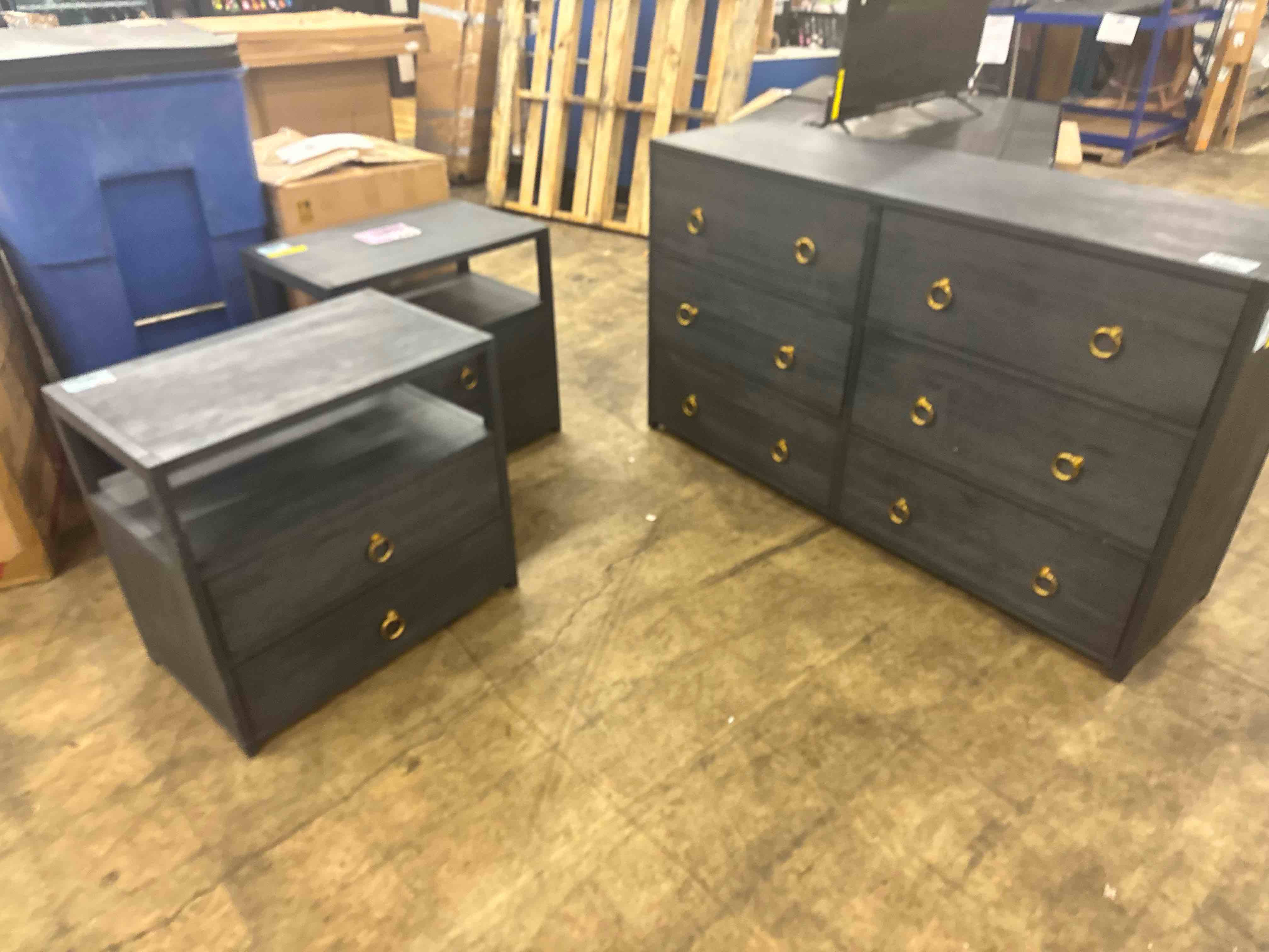 Condition photo showing Good Condition for (3 Pc Set.) Elin 6 Drawer Dresser & a Pair of Elin 2 - Drawer Nightstand By Joss & Main 3 Piece Set. Navy Blue