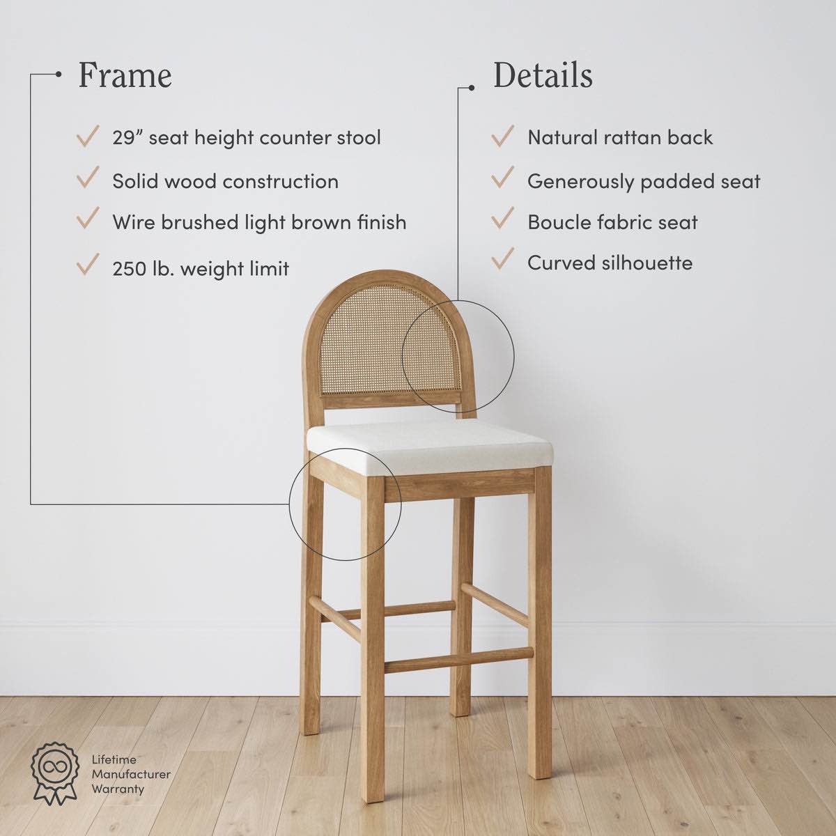 Condition photo showing New/Like New for 2-Boucle Upholstered Rattan Bar Stool, Counter Height Stool with Natural Rattan Woven Back For Kitchen Island, Light Brown, Set of 4