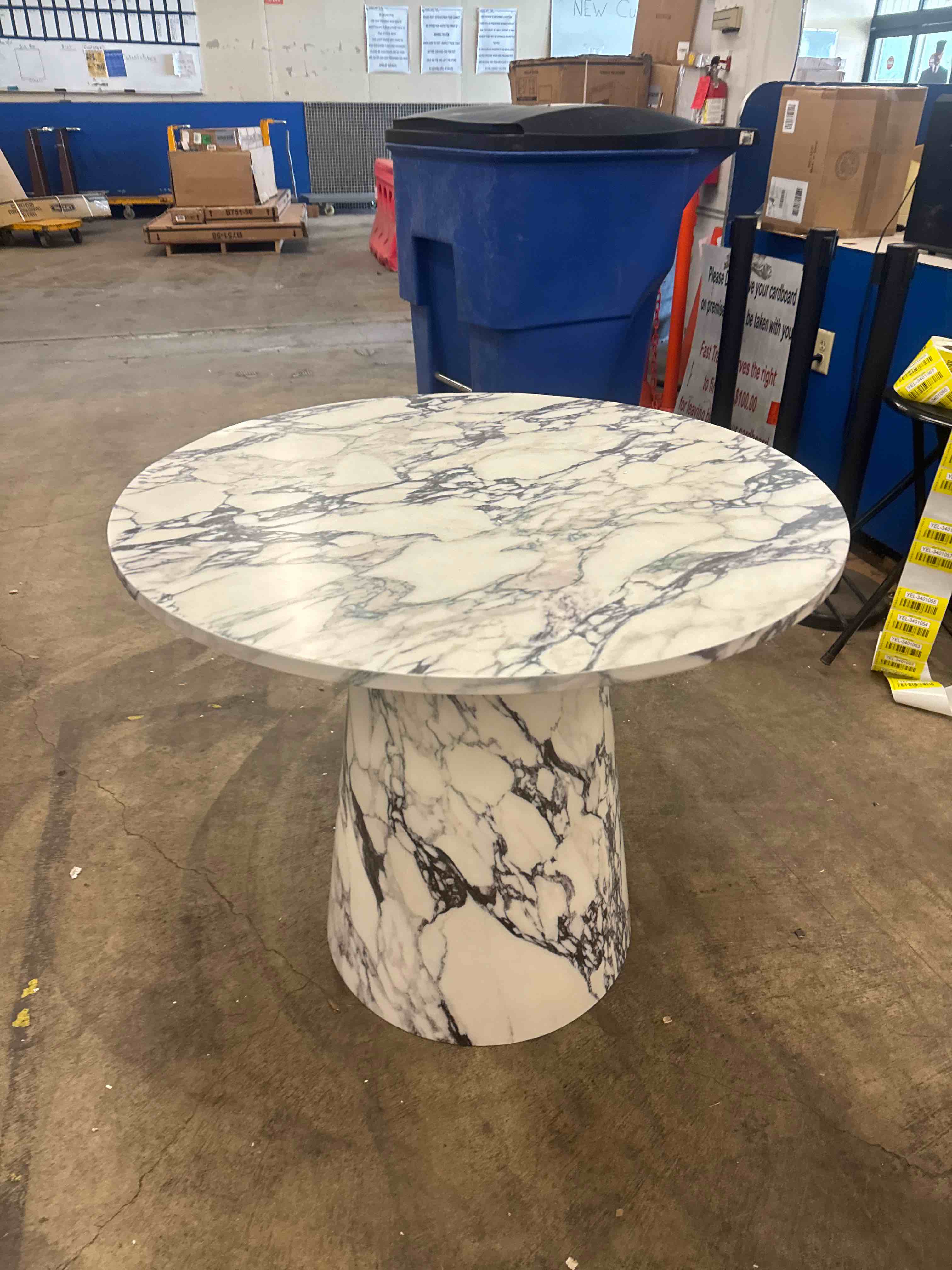 Condition photo showing New/Like New for 35" Faux Marble Small Round Pedestal Dining Table By Ivy Bronx (Professionally Pre-Assembled.)