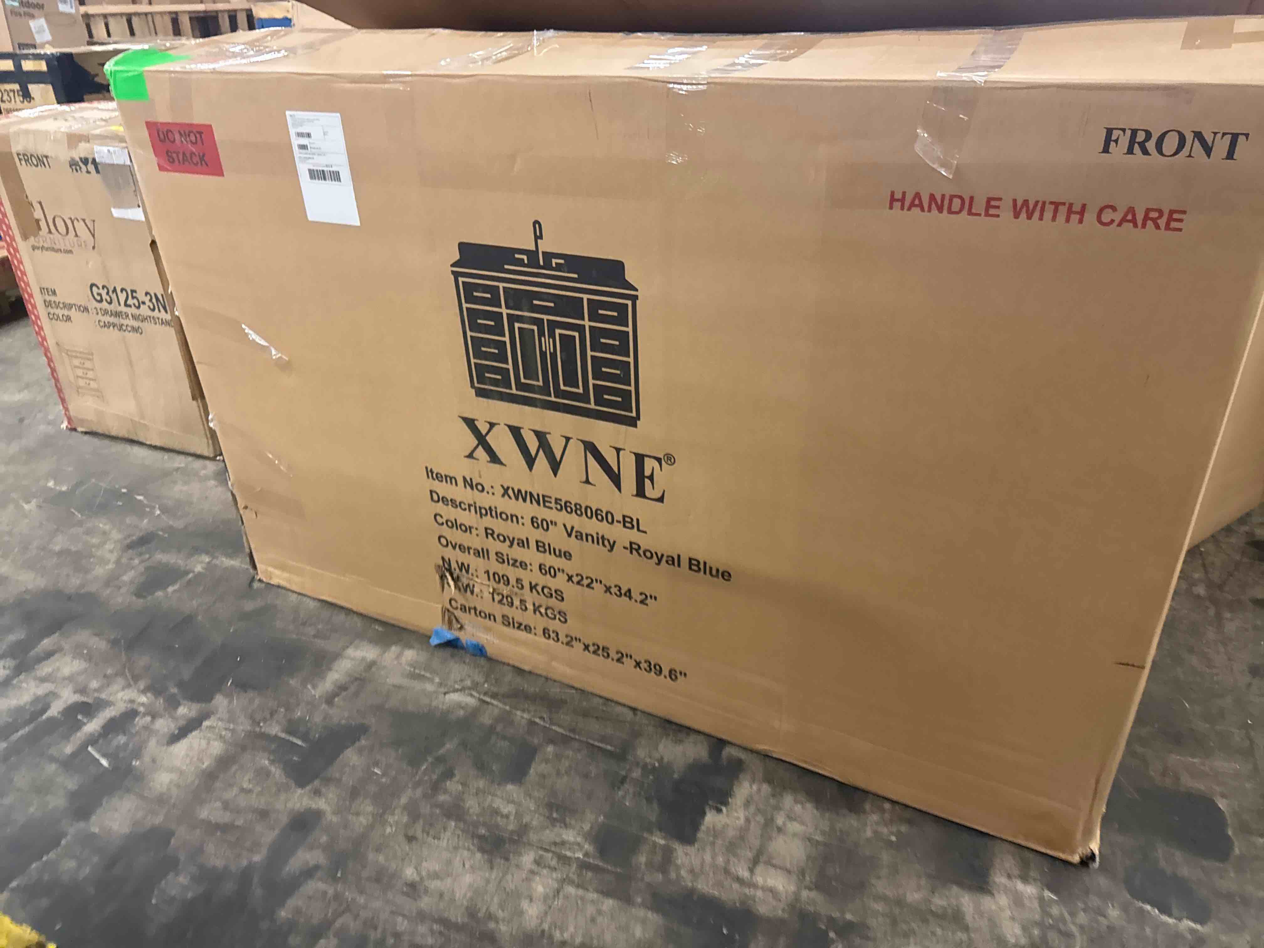 Condition photo showing New/Like New for XWNE 60-inch Royal Blue Bathroom Vanity with 2 Sinks, Solid Wood, 0.79-inch Stone Countertop and Backsplash, 6 Drawers, 4 Soft Closing Doors (1 Sink was Damaged & Removed, Replacement Sink Approx. $65, See Photos.)