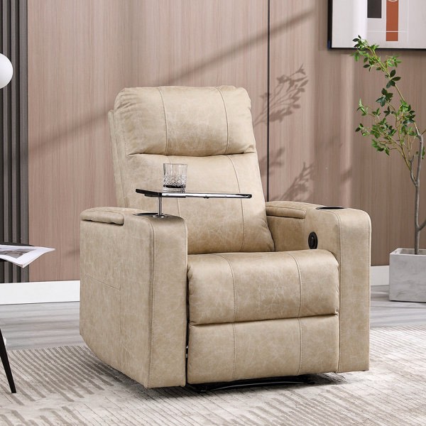 ryun 33.1'' wide contemporary breathable leather power recliner with arm table and cup holder by latitude run upholstery color: beige
