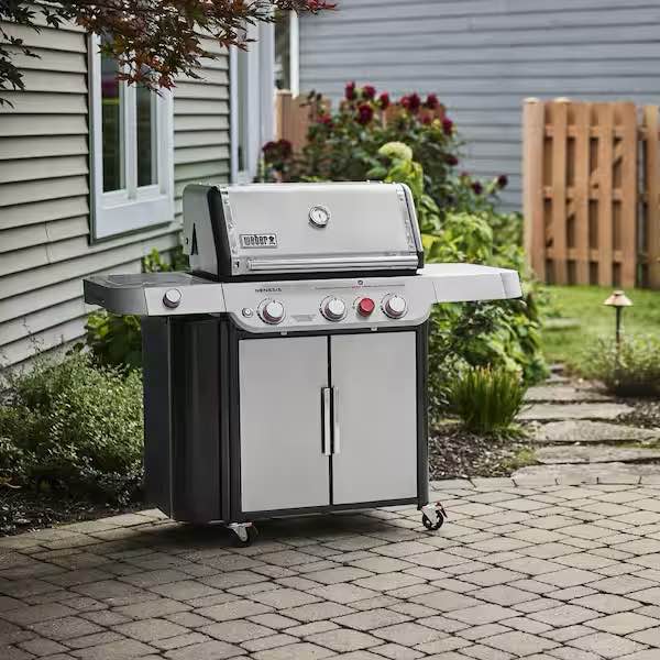 weber genesis s-335 3-burner liquid propane gas grill in stainless steel (professionally assembled, $100 value, see photos.)