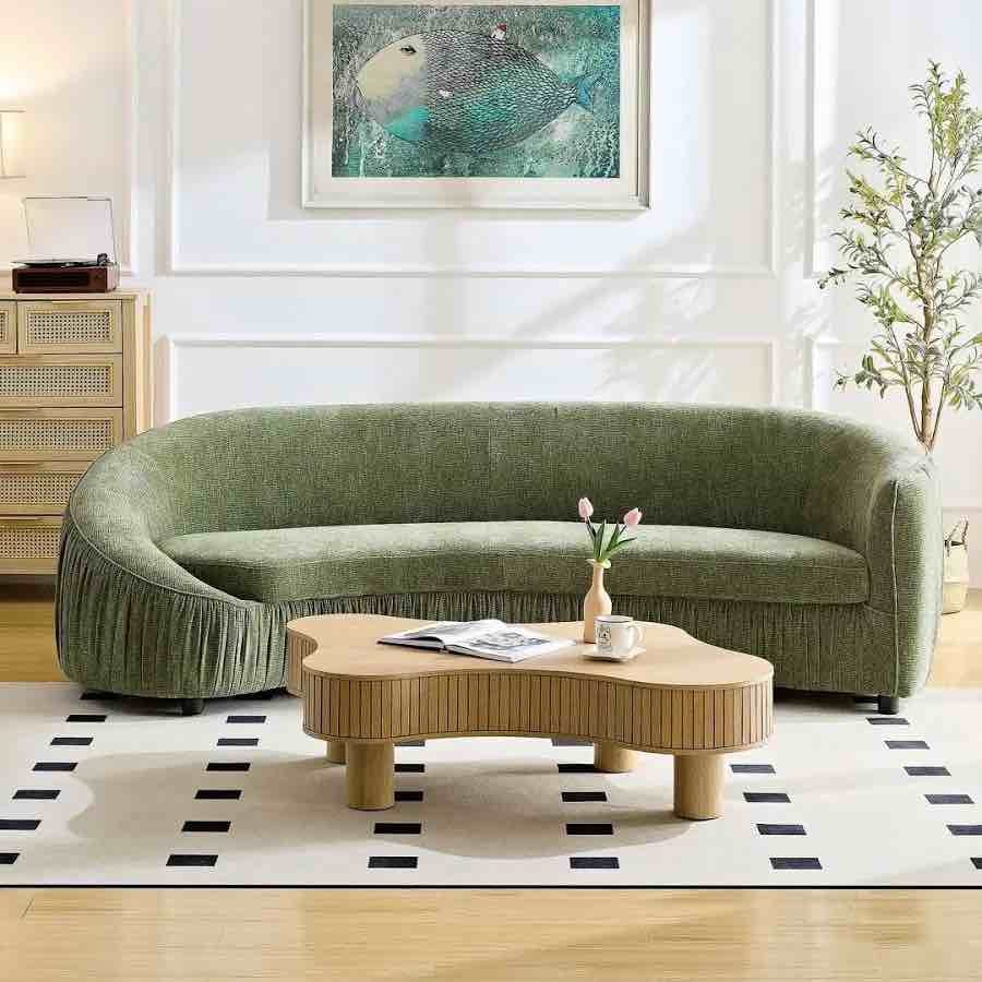 Everly Quinn 92" Cashew Modern Curved 4-Seat Sofa, Upholstered Fabric, Green
