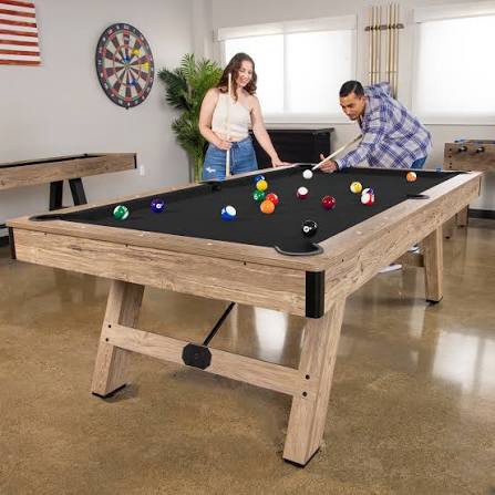 GoSports 7 ft Pool Tables with Wood Finish - Modern Billiards Table with 2 Cue Sticks, Balls, Rack, Felt Brush and Chalk