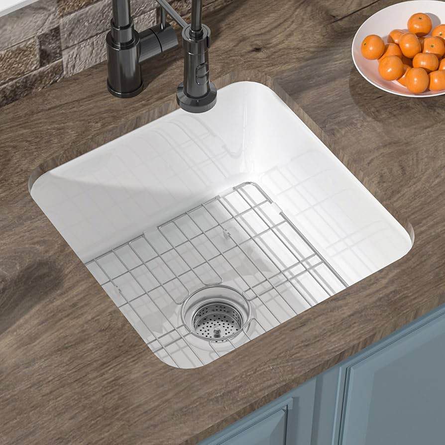 Small Undermount Bar Sink White 18 x 18 Inch, 9" Height Topmount Fireclay Kitchen Sink Drop In Single Bowl, Dual Mount Heavy Duty, w Accessory 2 Types, White, for Kitchen, Outdoor MH-18109-W 