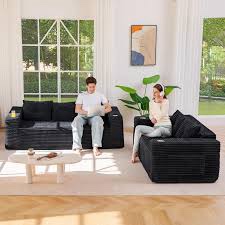 3 Seater Sofa & 2 Seater Loveseat Black Corduroy Cloud Set For Living Room, Boneless Loveseat & Sofa With Tufted Cushion & Backrest, Upholstered Floor Sofa By MAXYOYO 