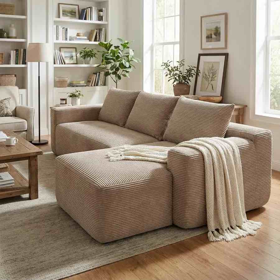 105-Inch Cloud Sectional Sofa L-Shaped Chaise Deep Seat Corduroy Fabric, No Assembly -Camel