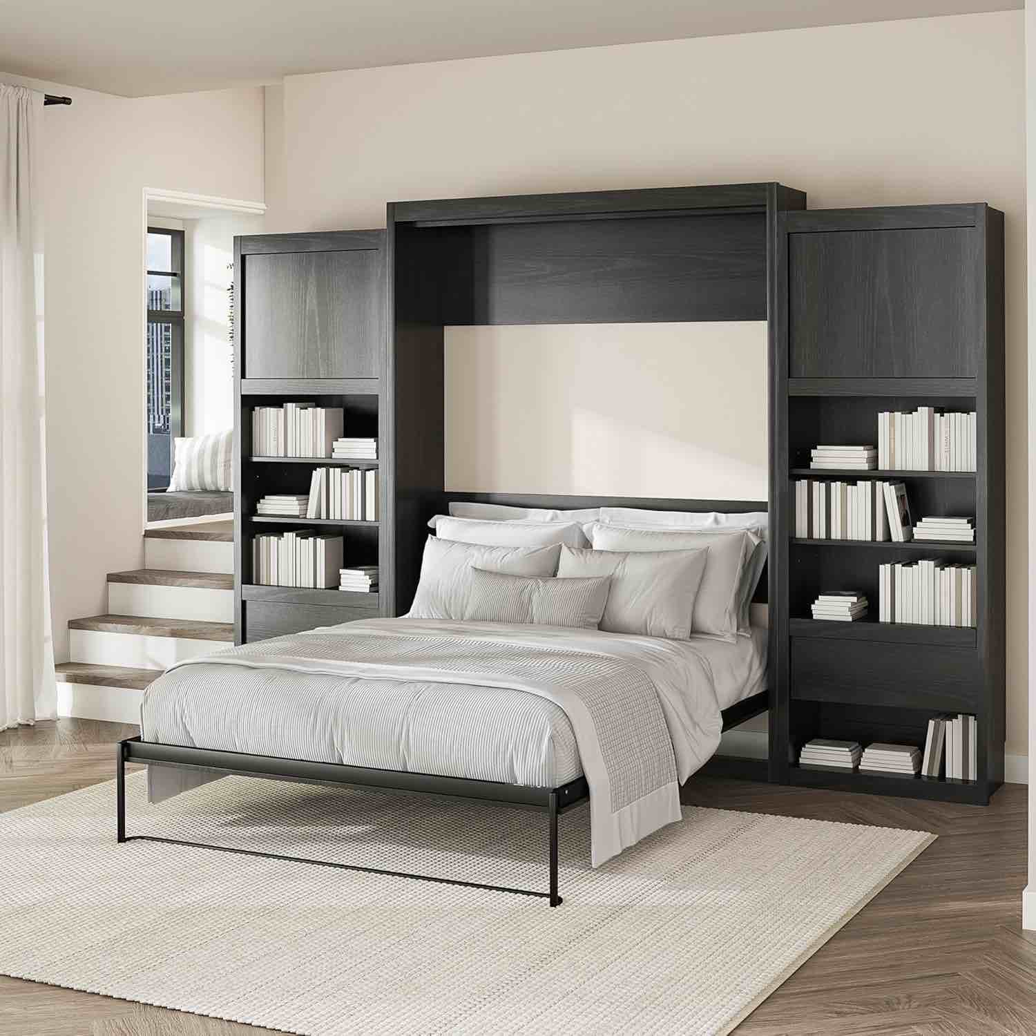 Signature Sleep Pinnacle Queen Murphy Bed Bundle - 2 Wardrobe Side Cabinets, In Black + Coolsoft Folding Mattress
