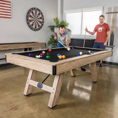 GoSports 7 ft Pool Tables with Wood Finish - Modern Billiards Table with 2 Cue Sticks, Balls, Rack, Felt Brush and Chalk