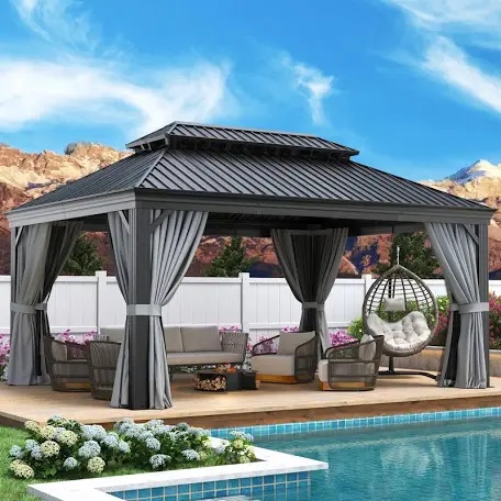 aoxun 12' x 16' permanent hardtop gazebo aluminum gazebo with galvanized steel double roof for patio lawn and garden, curtains and netting included, grey
