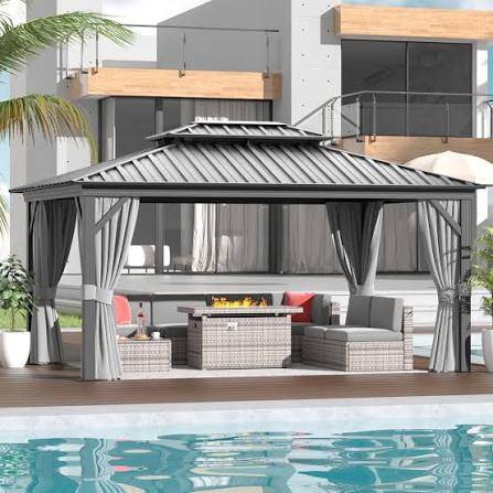 Condition photo showing New/Like New for aoxun 12' x 16' permanent hardtop gazebo aluminum gazebo with galvanized steel double roof for patio lawn and garden, curtains and netting included, grey