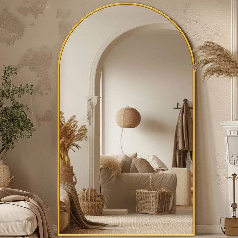 Condition photo showing New/Like New for komcote full length floor mirror, 91x46 inch oversized arched standing mirror in gold for bedroom, living room, dressing room - elegant freestanding leaning mirror decor