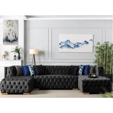verble velvet u-shaped fully button tufted sectional symmetrical by everly quinn fabric: black velvet chrome leg