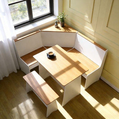 3-piece l-shaped breakfast nook dining set with hidden storage, modern wood corner dining table and bench set for small spaces & kitchen, natural and white (set of 3) 