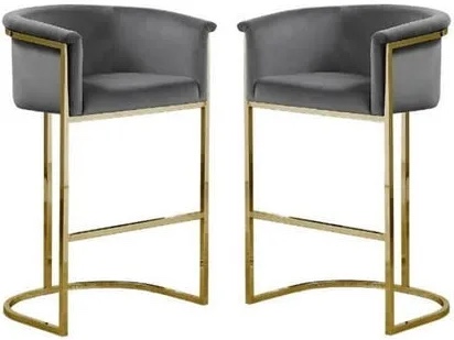 pair of pandora bar height chair in grey velvet with polished gold frame