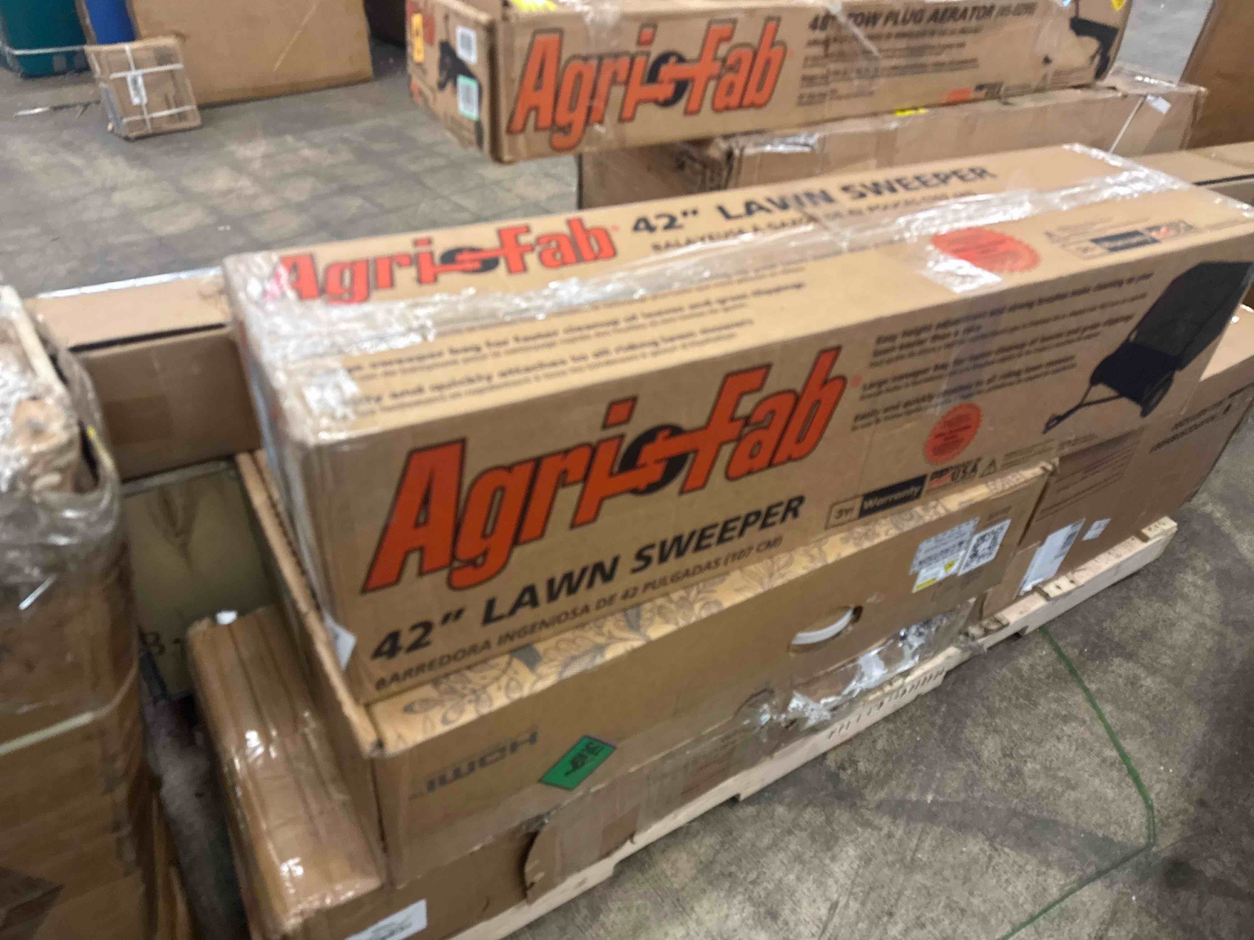 Condition photo showing New/Like New for agri-fab 45-0492 44" tow-behind lawn sweeper, 28 cu. ft hopper bag capacity; leaf & grass catcher, with adjustable brush height and dump from seat handle