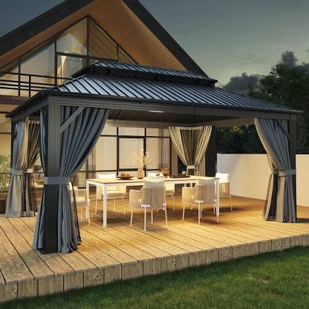 Condition photo showing New/Like New for aoxun 12' x 16' permanent hardtop gazebo aluminum gazebo with galvanized steel double roof for patio lawn and garden, curtains and netting included, grey