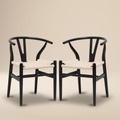 Condition photo showing New/Like New for (set of 4 chairs.) poly & bark weave dining chairs – mid-century modern wishbone dining chairs with arms, solid wood frame, indoor use – black – set of 2 - ideal for dining room, kitchen or stylish accent setting